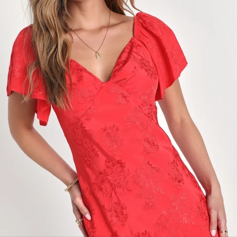 NWT XL Lulu's Effervescent Afternoon Red Satin Flutter Sleeve Midi Dress - Picture 2 of 16